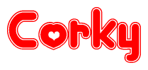 The image is a clipart featuring the word Corky written in a stylized font with a heart shape replacing inserted into the center of each letter. The color scheme of the text and hearts is red with a light outline.