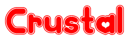 The image is a clipart featuring the word Crustal written in a stylized font with a heart shape replacing inserted into the center of each letter. The color scheme of the text and hearts is red with a light outline.
