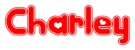 The image is a clipart featuring the word Charley written in a stylized font with a heart shape replacing inserted into the center of each letter. The color scheme of the text and hearts is red with a light outline.