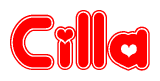 The image is a red and white graphic with the word Cilla written in a decorative script. Each letter in  is contained within its own outlined bubble-like shape. Inside each letter, there is a white heart symbol.