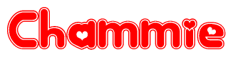 The image is a red and white graphic with the word Chammie written in a decorative script. Each letter in  is contained within its own outlined bubble-like shape. Inside each letter, there is a white heart symbol.