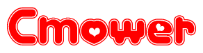   The image is a red and white graphic with the word Cmower written in a decorative script. Each letter in  is contained within its own outlined bubble-like shape. Inside each letter, there is a white heart symbol. 