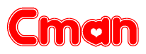 The image is a red and white graphic with the word Cman written in a decorative script. Each letter in  is contained within its own outlined bubble-like shape. Inside each letter, there is a white heart symbol.