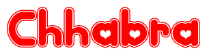 The image is a red and white graphic with the word Chhabra written in a decorative script. Each letter in  is contained within its own outlined bubble-like shape. Inside each letter, there is a white heart symbol.