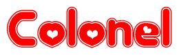 The image is a red and white graphic with the word Colonel written in a decorative script. Each letter in  is contained within its own outlined bubble-like shape. Inside each letter, there is a white heart symbol.