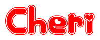 The image is a red and white graphic with the word Cheri written in a decorative script. Each letter in  is contained within its own outlined bubble-like shape. Inside each letter, there is a white heart symbol.