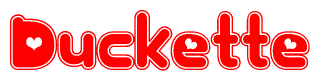 The image displays the word Duckette written in a stylized red font with hearts inside the letters.