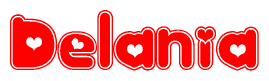 The image displays the word Delania written in a stylized red font with hearts inside the letters.