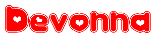 The image is a red and white graphic with the word Devonna written in a decorative script. Each letter in  is contained within its own outlined bubble-like shape. Inside each letter, there is a white heart symbol.