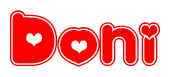 The image displays the word Doni written in a stylized red font with hearts inside the letters.