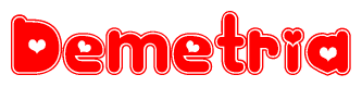 The image is a clipart featuring the word Demetria written in a stylized font with a heart shape replacing inserted into the center of each letter. The color scheme of the text and hearts is red with a light outline.