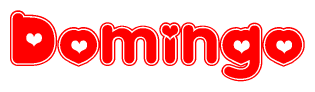 The image is a red and white graphic with the word Domingo written in a decorative script. Each letter in  is contained within its own outlined bubble-like shape. Inside each letter, there is a white heart symbol.