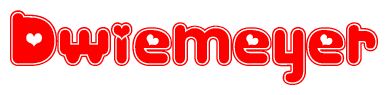 The image is a red and white graphic with the word Dwiemeyer written in a decorative script. Each letter in  is contained within its own outlined bubble-like shape. Inside each letter, there is a white heart symbol.
