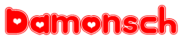 The image is a clipart featuring the word Damonsch written in a stylized font with a heart shape replacing inserted into the center of each letter. The color scheme of the text and hearts is red with a light outline.