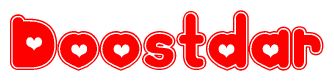 The image is a clipart featuring the word Doostdar written in a stylized font with a heart shape replacing inserted into the center of each letter. The color scheme of the text and hearts is red with a light outline.