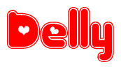 The image is a red and white graphic with the word Delly written in a decorative script. Each letter in  is contained within its own outlined bubble-like shape. Inside each letter, there is a white heart symbol.