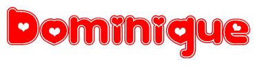 The image displays the word Dominique written in a stylized red font with hearts inside the letters.