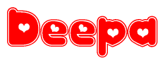The image is a red and white graphic with the word Deepa written in a decorative script. Each letter in  is contained within its own outlined bubble-like shape. Inside each letter, there is a white heart symbol.