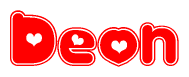 The image is a red and white graphic with the word Deon written in a decorative script. Each letter in  is contained within its own outlined bubble-like shape. Inside each letter, there is a white heart symbol.