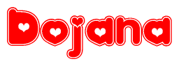 The image is a clipart featuring the word Dojana written in a stylized font with a heart shape replacing inserted into the center of each letter. The color scheme of the text and hearts is red with a light outline.