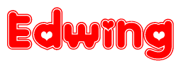 The image is a red and white graphic with the word Edwing written in a decorative script. Each letter in  is contained within its own outlined bubble-like shape. Inside each letter, there is a white heart symbol.