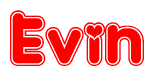 The image is a red and white graphic with the word Evin written in a decorative script. Each letter in  is contained within its own outlined bubble-like shape. Inside each letter, there is a white heart symbol.