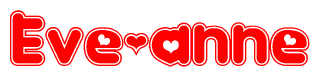 The image is a red and white graphic with the word Eve-anne written in a decorative script. Each letter in  is contained within its own outlined bubble-like shape. Inside each letter, there is a white heart symbol.