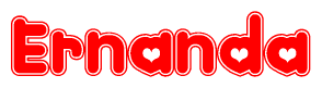 The image is a red and white graphic with the word Ernanda written in a decorative script. Each letter in  is contained within its own outlined bubble-like shape. Inside each letter, there is a white heart symbol.