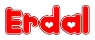 The image is a clipart featuring the word Erdal written in a stylized font with a heart shape replacing inserted into the center of each letter. The color scheme of the text and hearts is red with a light outline.
