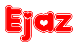 The image is a red and white graphic with the word Ejaz written in a decorative script. Each letter in  is contained within its own outlined bubble-like shape. Inside each letter, there is a white heart symbol.