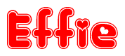 The image is a red and white graphic with the word Effie written in a decorative script. Each letter in  is contained within its own outlined bubble-like shape. Inside each letter, there is a white heart symbol.