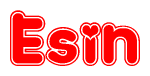 The image is a red and white graphic with the word Esin written in a decorative script. Each letter in  is contained within its own outlined bubble-like shape. Inside each letter, there is a white heart symbol.