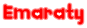 The image is a red and white graphic with the word Emaraty written in a decorative script. Each letter in  is contained within its own outlined bubble-like shape. Inside each letter, there is a white heart symbol.