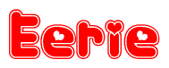 The image is a clipart featuring the word Eerie written in a stylized font with a heart shape replacing inserted into the center of each letter. The color scheme of the text and hearts is red with a light outline.