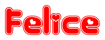 The image is a red and white graphic with the word Felice written in a decorative script. Each letter in  is contained within its own outlined bubble-like shape. Inside each letter, there is a white heart symbol.