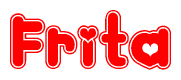 The image is a red and white graphic with the word Frita written in a decorative script. Each letter in  is contained within its own outlined bubble-like shape. Inside each letter, there is a white heart symbol.