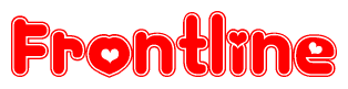 The image is a red and white graphic with the word Frontline written in a decorative script. Each letter in  is contained within its own outlined bubble-like shape. Inside each letter, there is a white heart symbol.