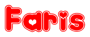 The image is a red and white graphic with the word Faris written in a decorative script. Each letter in  is contained within its own outlined bubble-like shape. Inside each letter, there is a white heart symbol.
