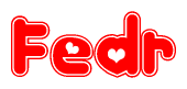  The image is a red and white graphic with the word Fedr written in a decorative script. Each letter in  is contained within its own outlined bubble-like shape. Inside each letter, there is a white heart symbol. 