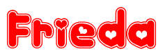 The image displays the word Frieda written in a stylized red font with hearts inside the letters.