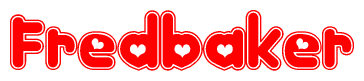 The image is a red and white graphic with the word Fredbaker written in a decorative script. Each letter in  is contained within its own outlined bubble-like shape. Inside each letter, there is a white heart symbol.