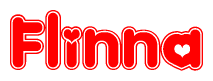   The image is a red and white graphic with the word Flinna written in a decorative script. Each letter in  is contained within its own outlined bubble-like shape. Inside each letter, there is a white heart symbol. 