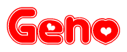 The image is a red and white graphic with the word Geno written in a decorative script. Each letter in  is contained within its own outlined bubble-like shape. Inside each letter, there is a white heart symbol.