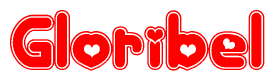 The image is a red and white graphic with the word Gloribel written in a decorative script. Each letter in  is contained within its own outlined bubble-like shape. Inside each letter, there is a white heart symbol.