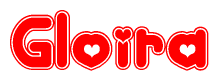 The image is a clipart featuring the word Gloira written in a stylized font with a heart shape replacing inserted into the center of each letter. The color scheme of the text and hearts is red with a light outline.