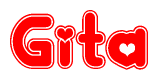 The image is a red and white graphic with the word Gita written in a decorative script. Each letter in  is contained within its own outlined bubble-like shape. Inside each letter, there is a white heart symbol.