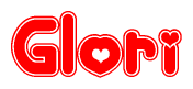The image is a clipart featuring the word Glori written in a stylized font with a heart shape replacing inserted into the center of each letter. The color scheme of the text and hearts is red with a light outline.