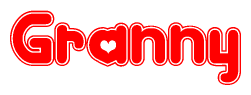 The image is a red and white graphic with the word Granny written in a decorative script. Each letter in  is contained within its own outlined bubble-like shape. Inside each letter, there is a white heart symbol.