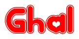 The image is a clipart featuring the word Ghal written in a stylized font with a heart shape replacing inserted into the center of each letter. The color scheme of the text and hearts is red with a light outline.