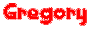 The image is a clipart featuring the word Gregory written in a stylized font with a heart shape replacing inserted into the center of each letter. The color scheme of the text and hearts is red with a light outline.